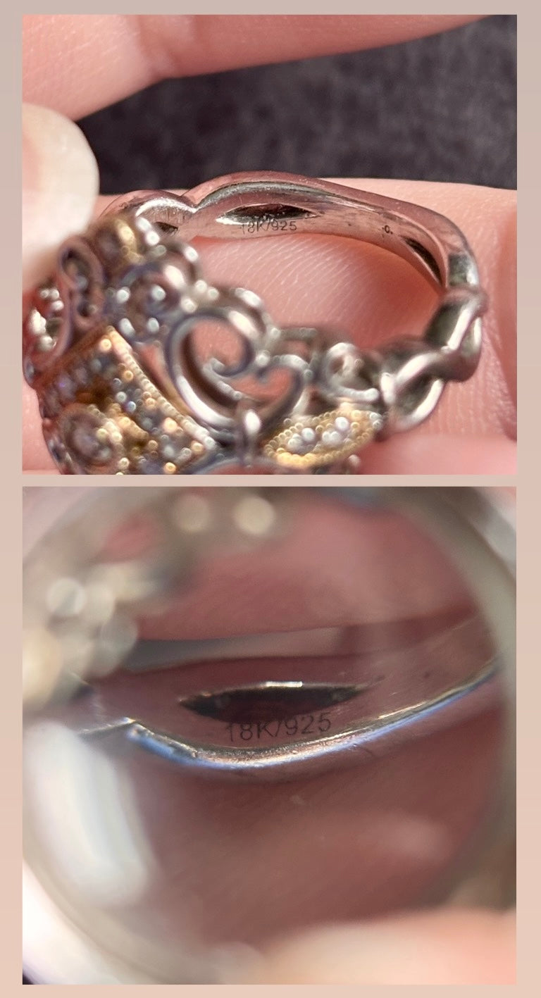 Vintage Style 18K Gold & Sterling Silver Diamond Filigree Scrollwork Ring