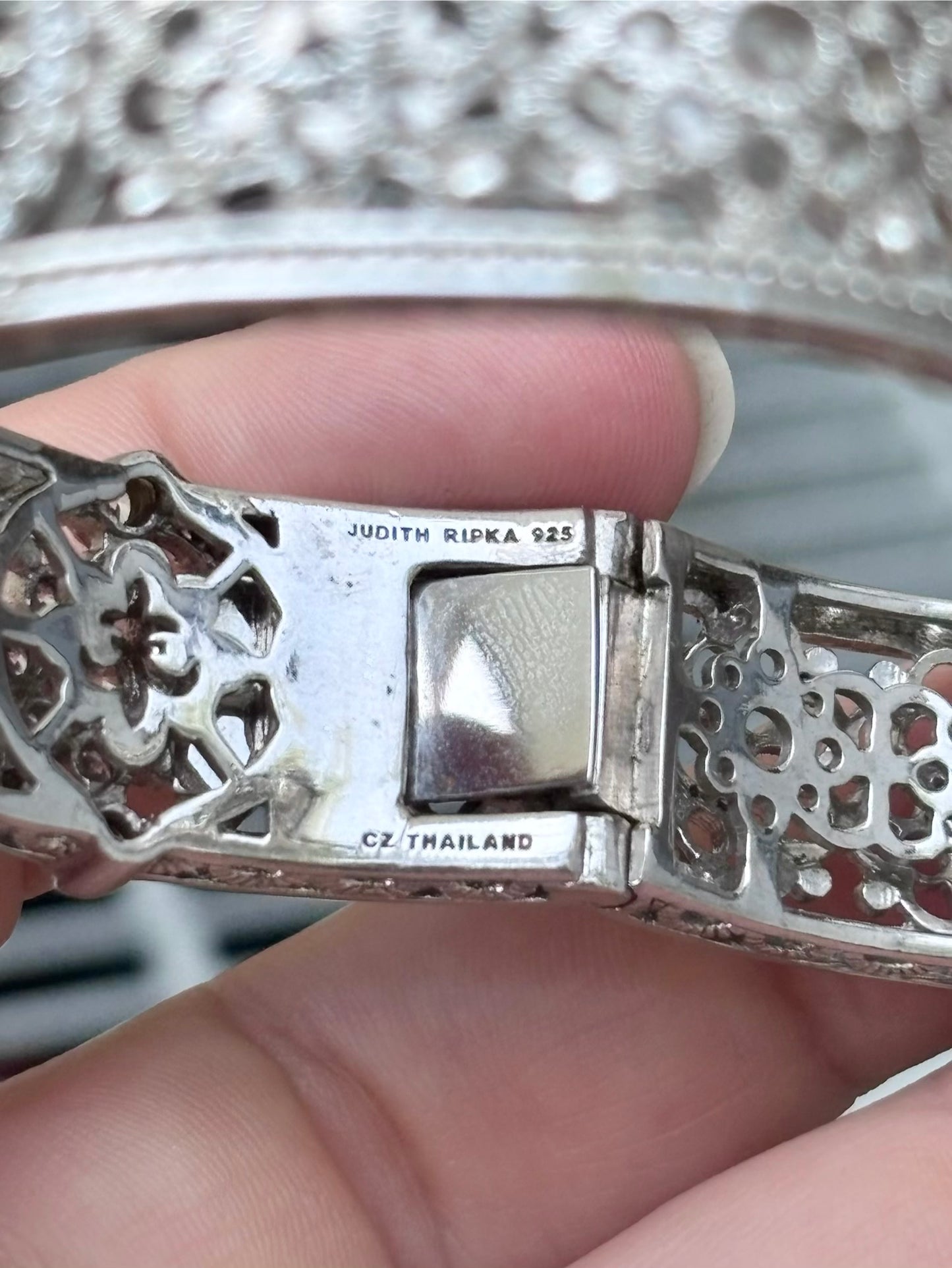 Judith Ripka Sterling Silver Diamonique Floral Filigree Hinged Cuff Bangle Bracelet