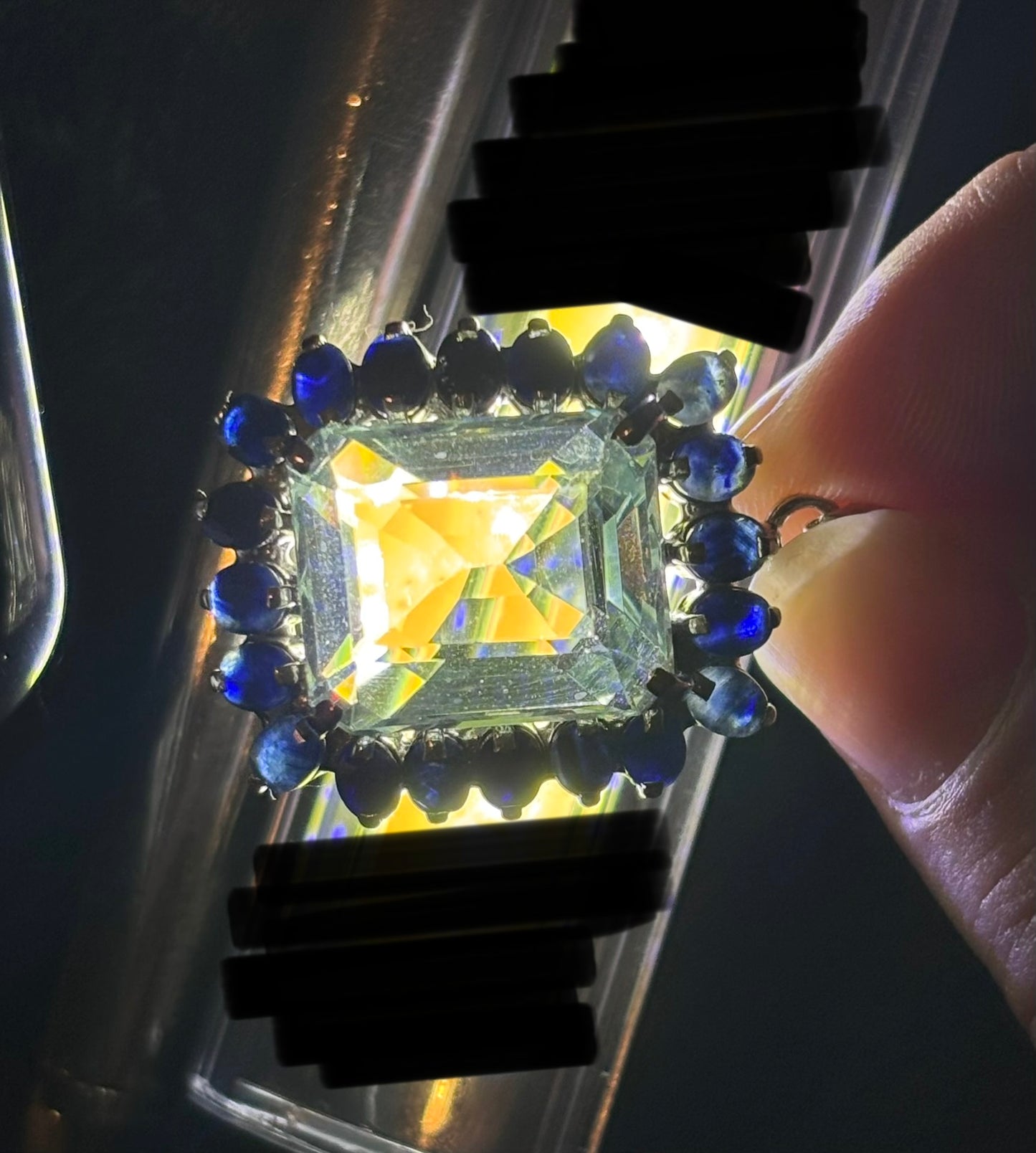 Emerald Cut “Aquamarine” CZ in a Natural Sapphire Halo Pendant