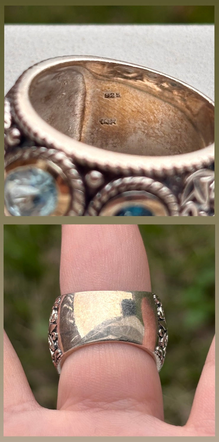 Curata 14K Gold & Sterling Silver Multi Blue Topaz Wide Band Ring