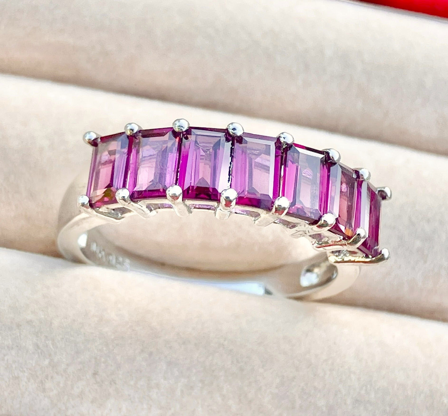 7 Stone Baguette Cut Rhodolite Garnet Ring