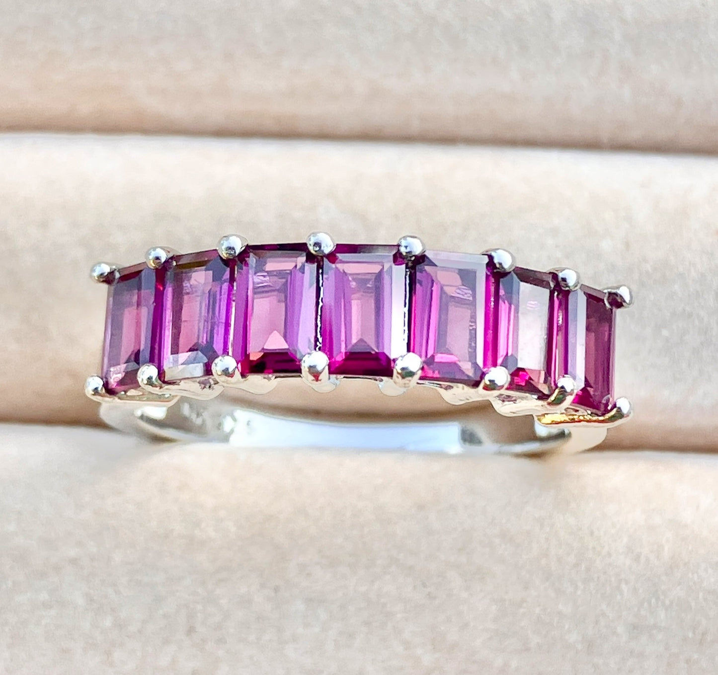 7 Stone Baguette Cut Rhodolite Garnet Ring