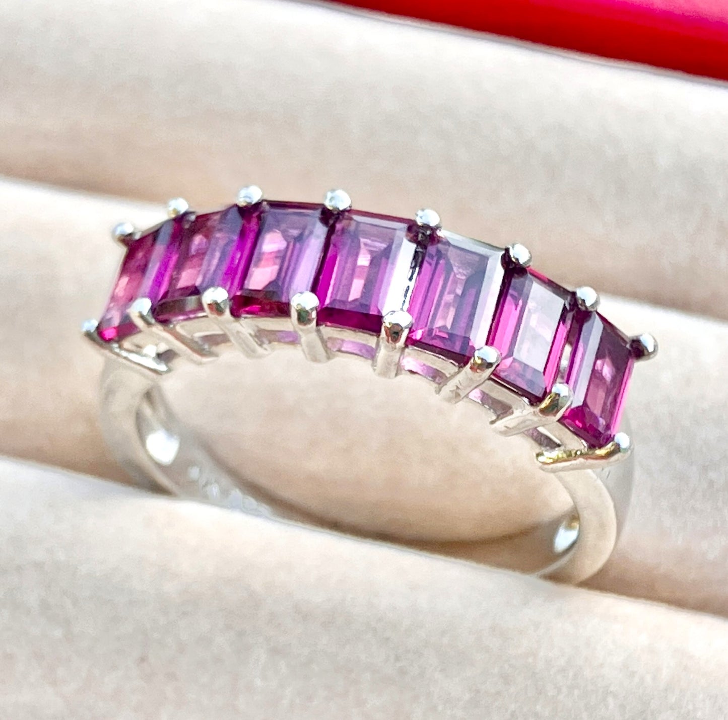 7 Stone Baguette Cut Rhodolite Garnet Ring