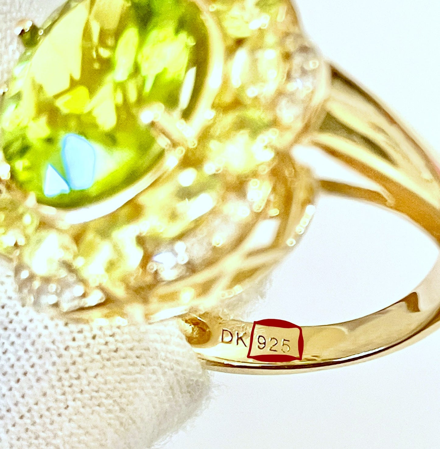 Gold Plated Oval Peridot in a Marquise and Round Cut Peridot Halo with “Diamond” Accents Ring