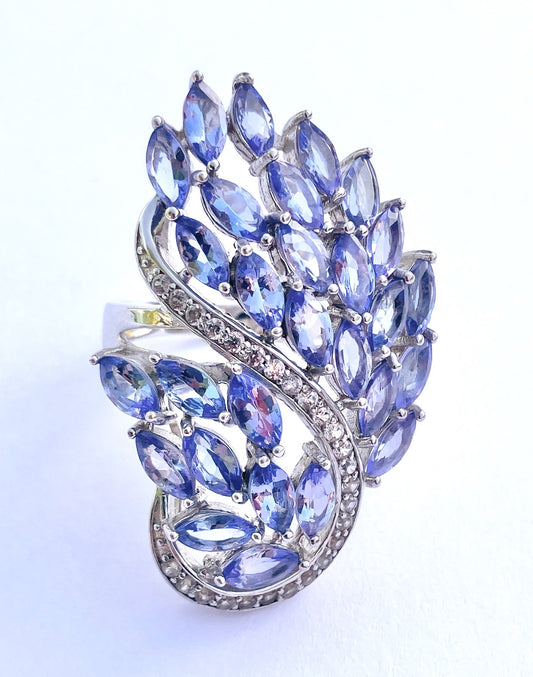 Marquise Cut Tanzanite Peacock Ring with Channel Set Zircon Accents