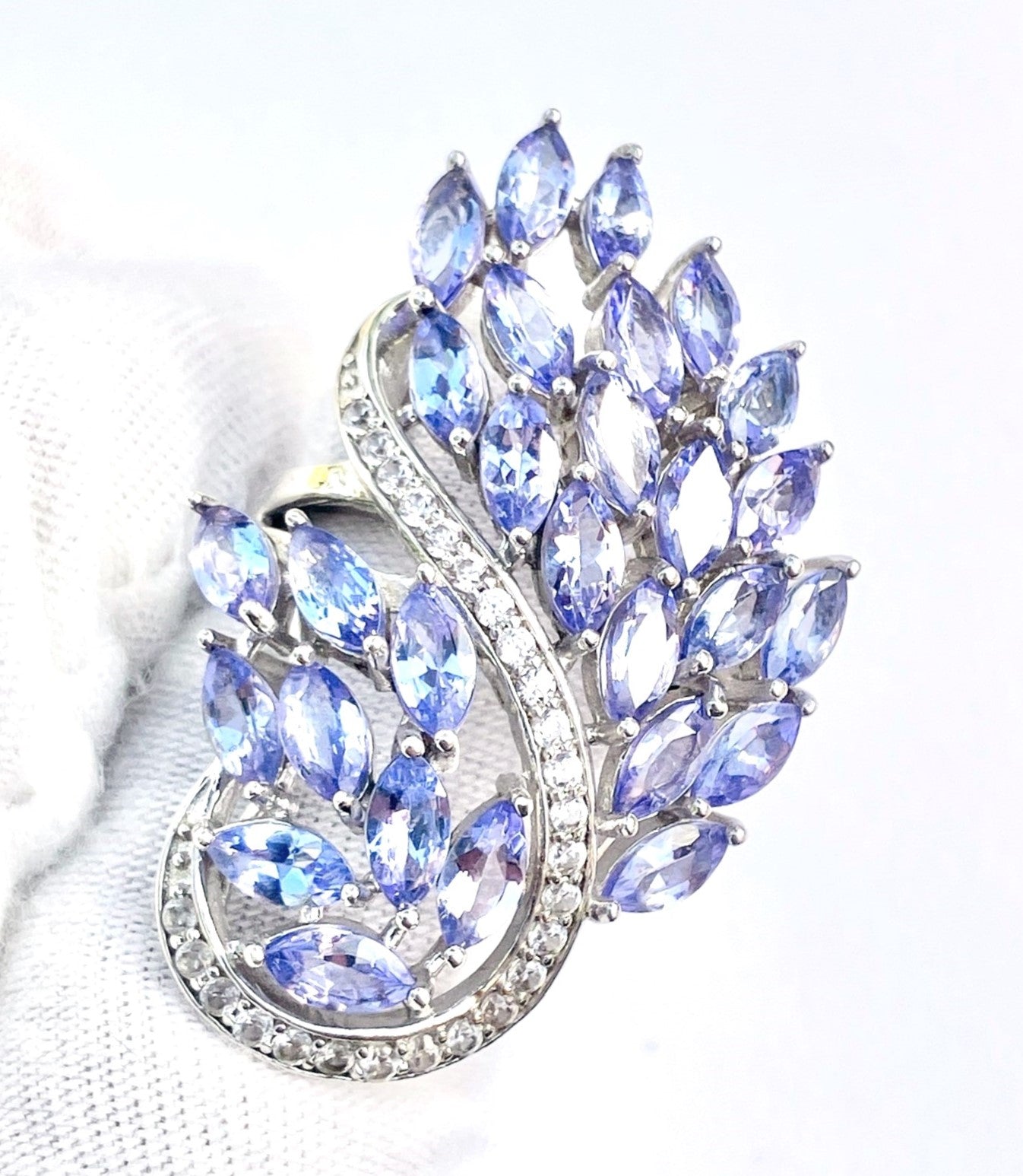 Marquise Cut Tanzanite Peacock Ring with Channel Set Zircon Accents