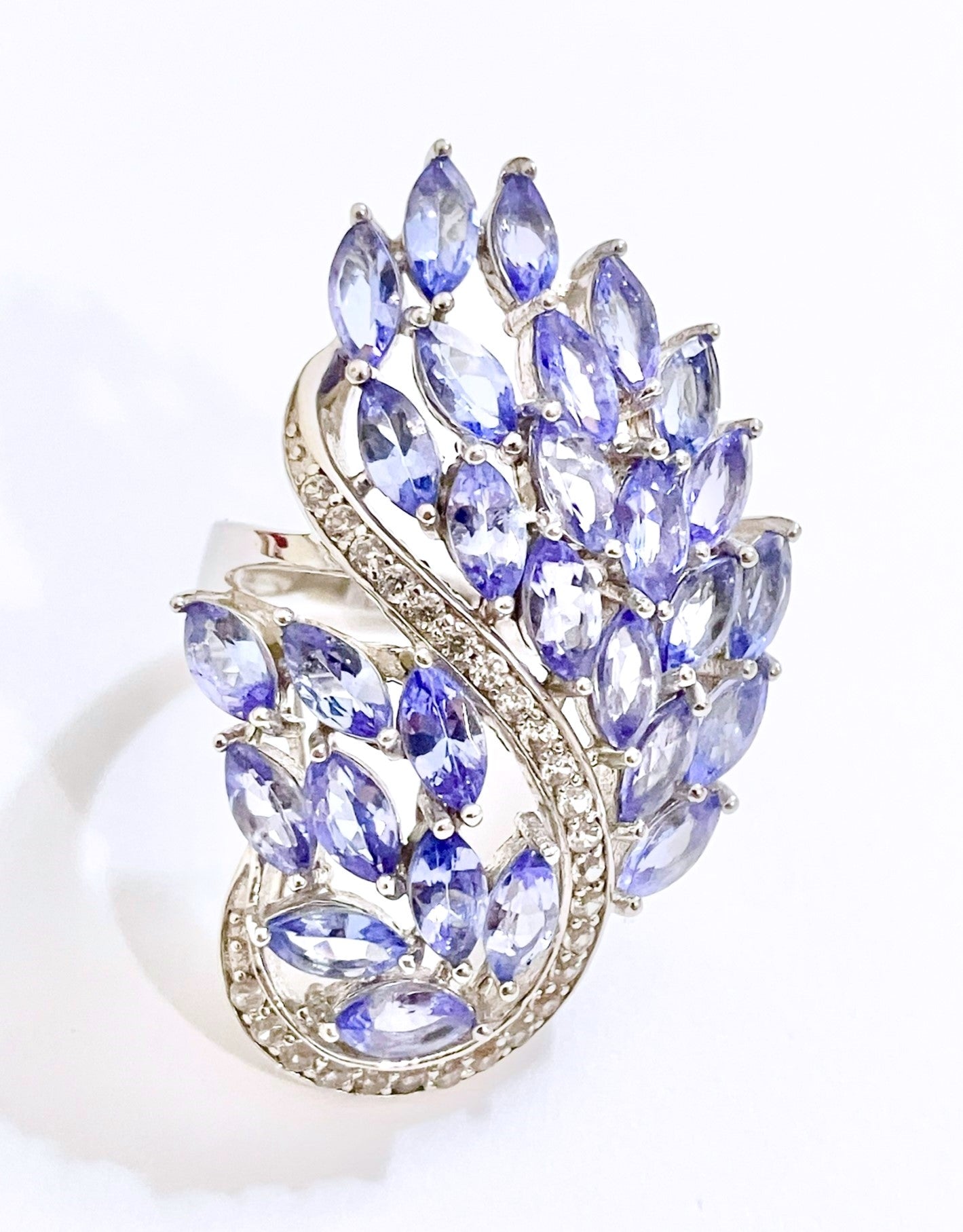 Marquise Cut Tanzanite Peacock Ring with Channel Set Zircon Accents