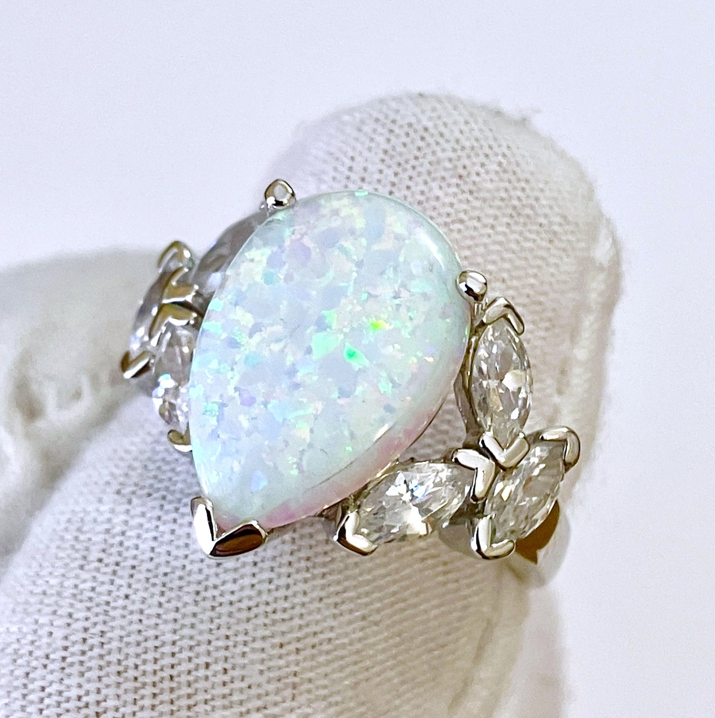 Pear Cut Synthetic Opal Ring with Marquise Cut “Diamond” Accents