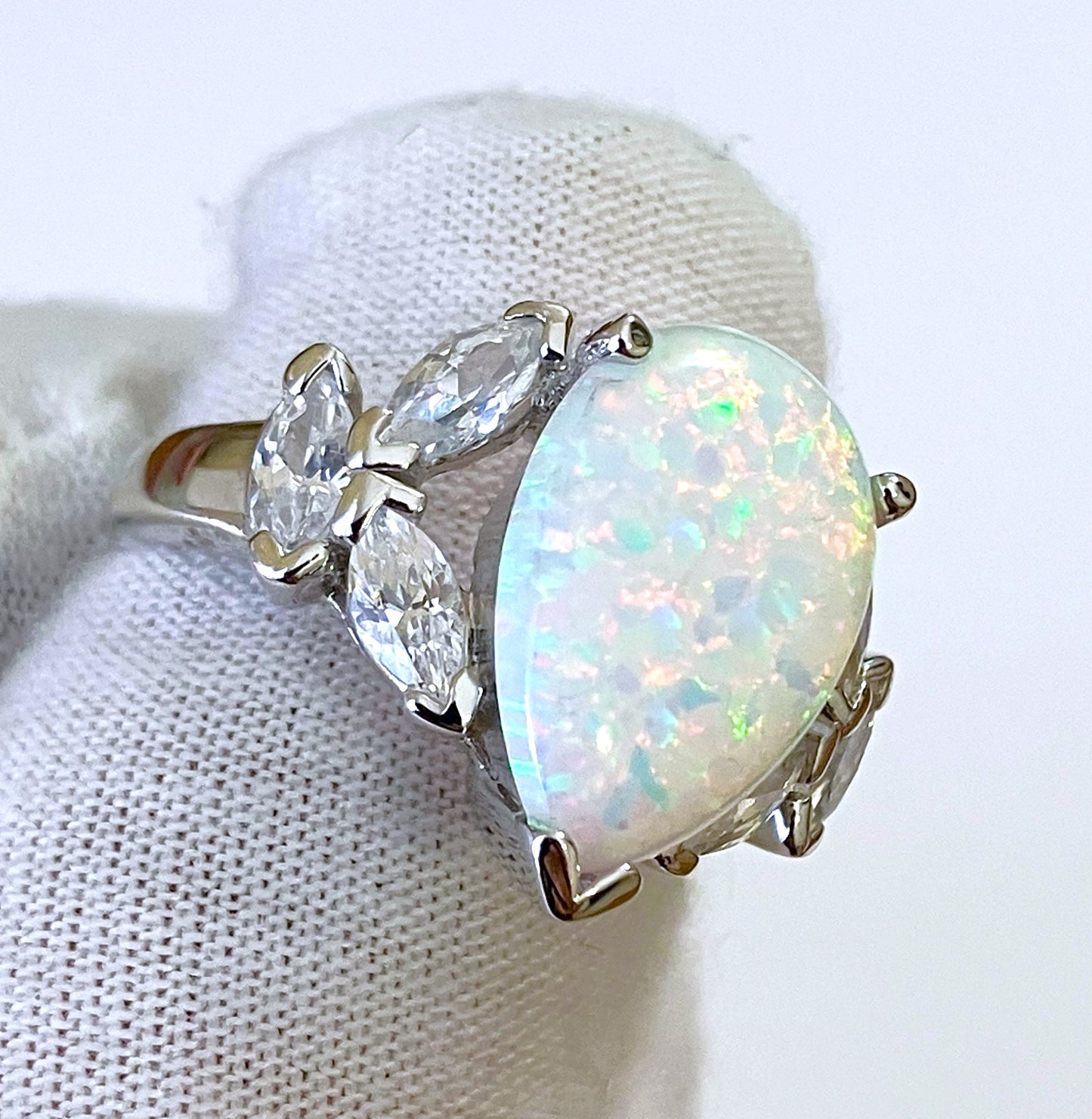 Pear Cut Synthetic Opal Ring with Marquise Cut “Diamond” Accents
