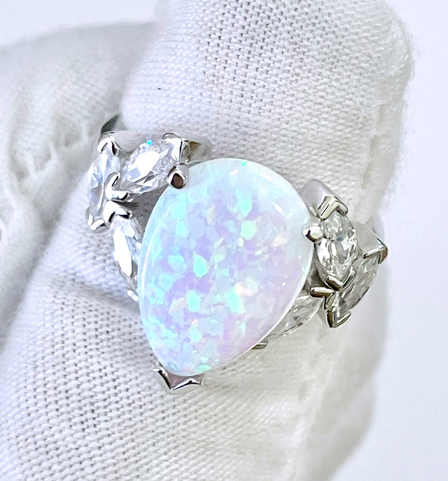 Pear Cut Synthetic Opal Ring with Marquise Cut “Diamond” Accents