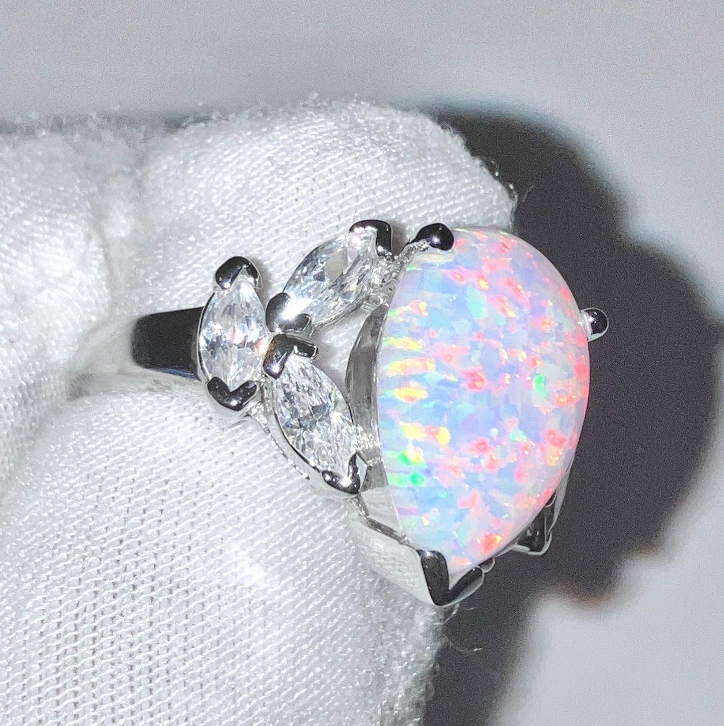 Pear Cut Synthetic Opal Ring with Marquise Cut “Diamond” Accents