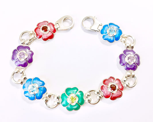 Multicolor Gemstone and Enamel Flower Bracelet