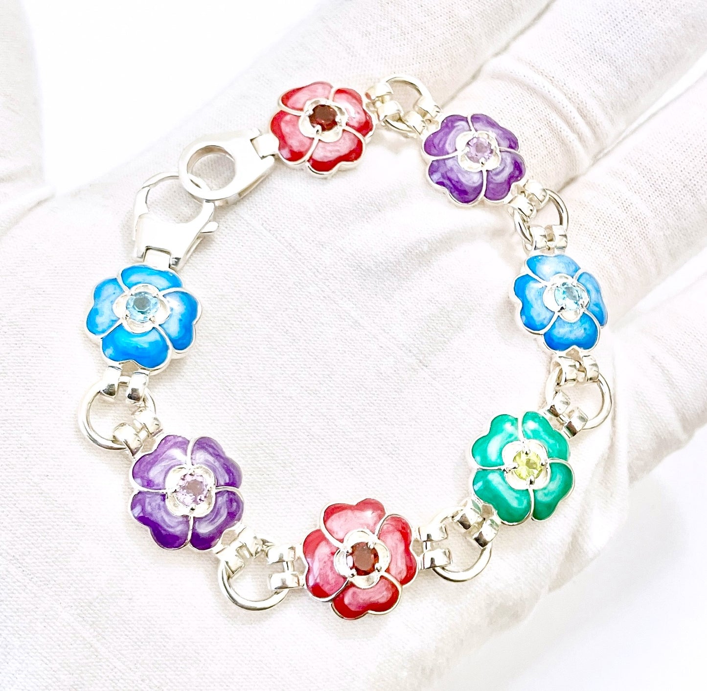 Multicolor Gemstone and Enamel Flower Bracelet
