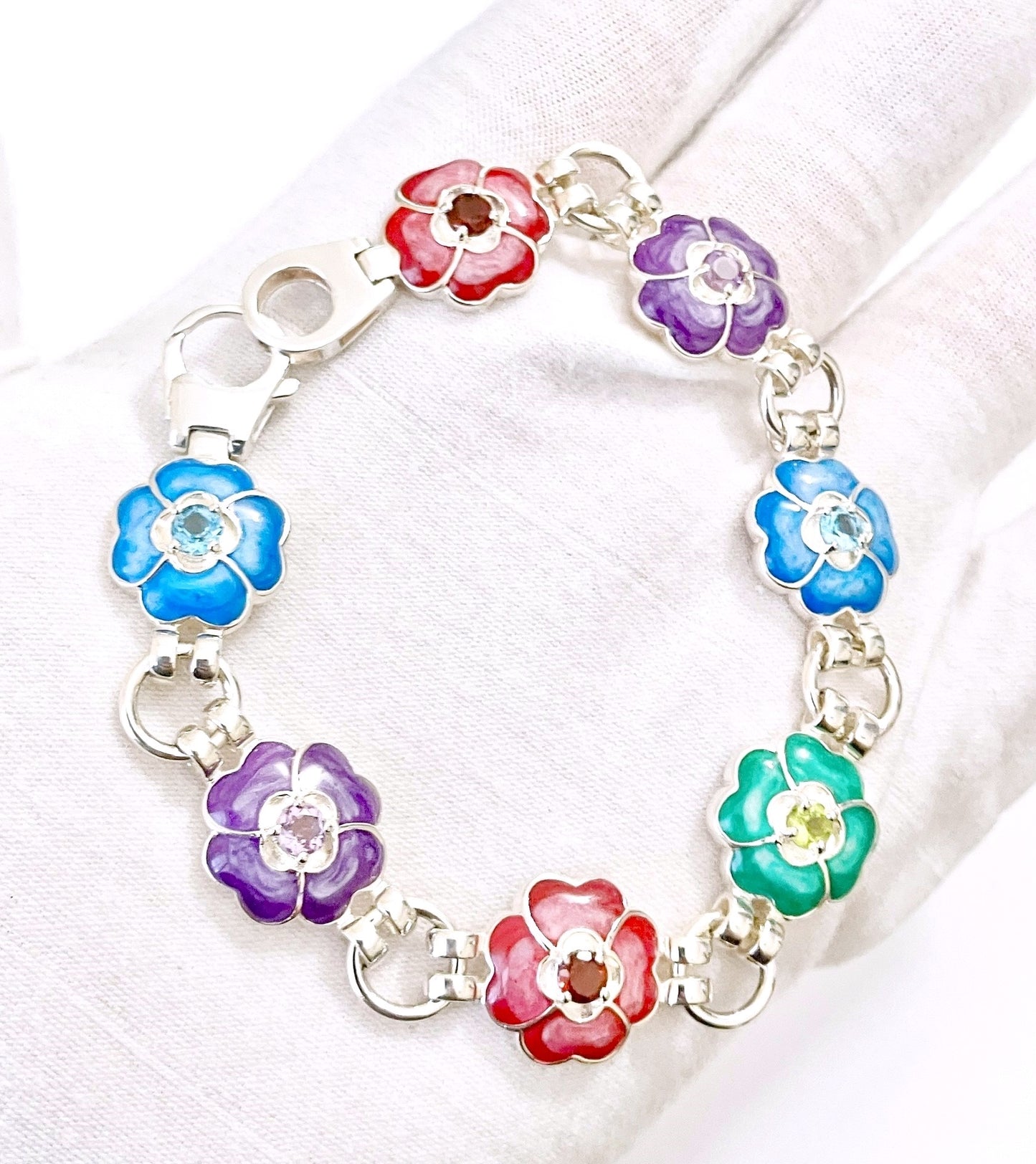 Multicolor Gemstone and Enamel Flower Bracelet