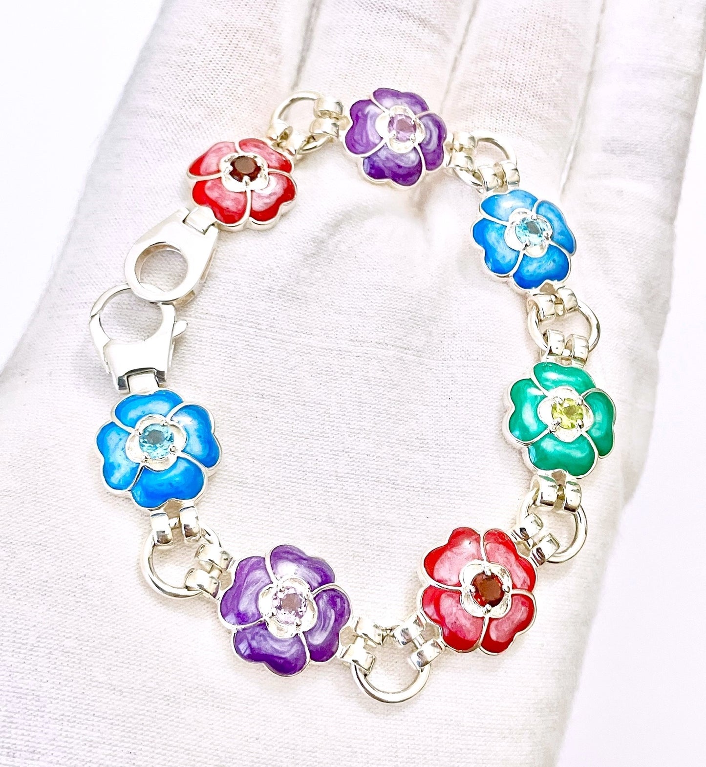 Multicolor Gemstone and Enamel Flower Bracelet