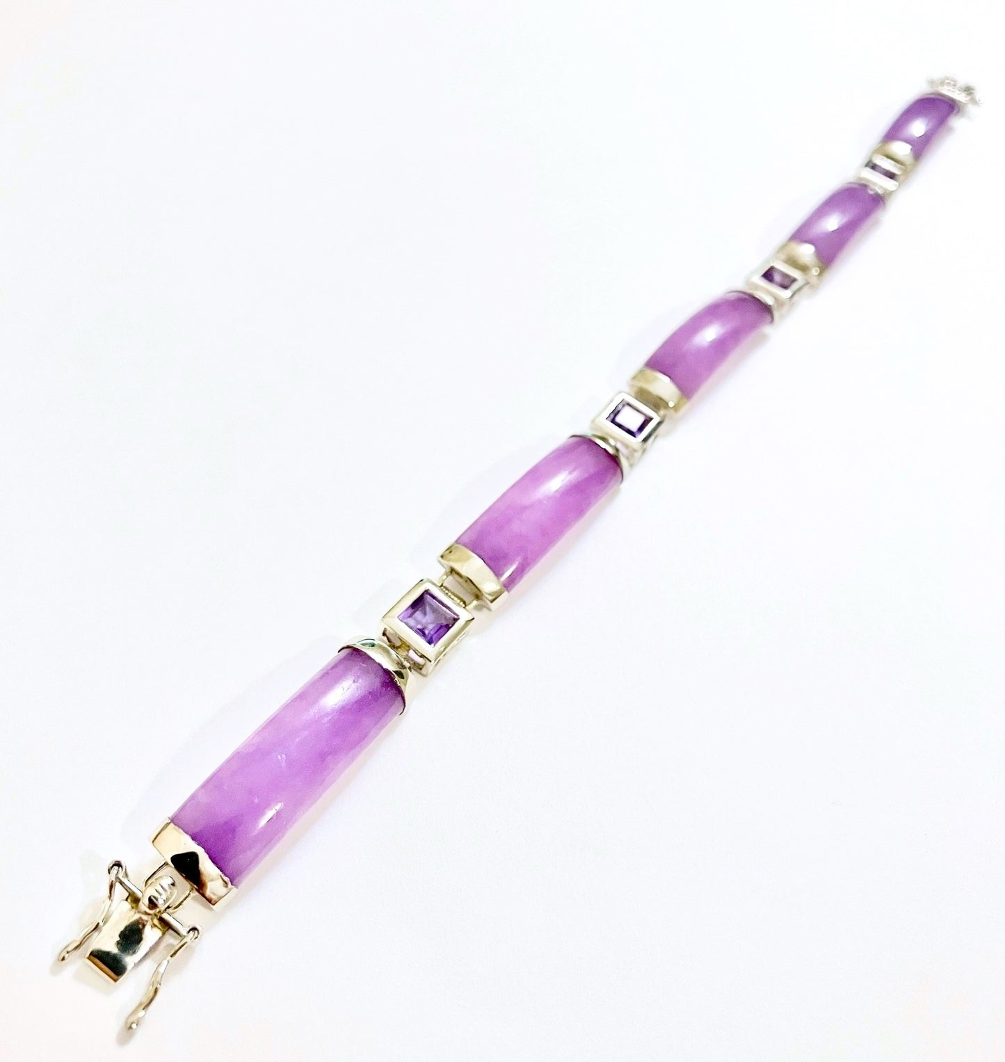 Chinese Lavender Jade Bracelet with Square Step Cut Amethysts