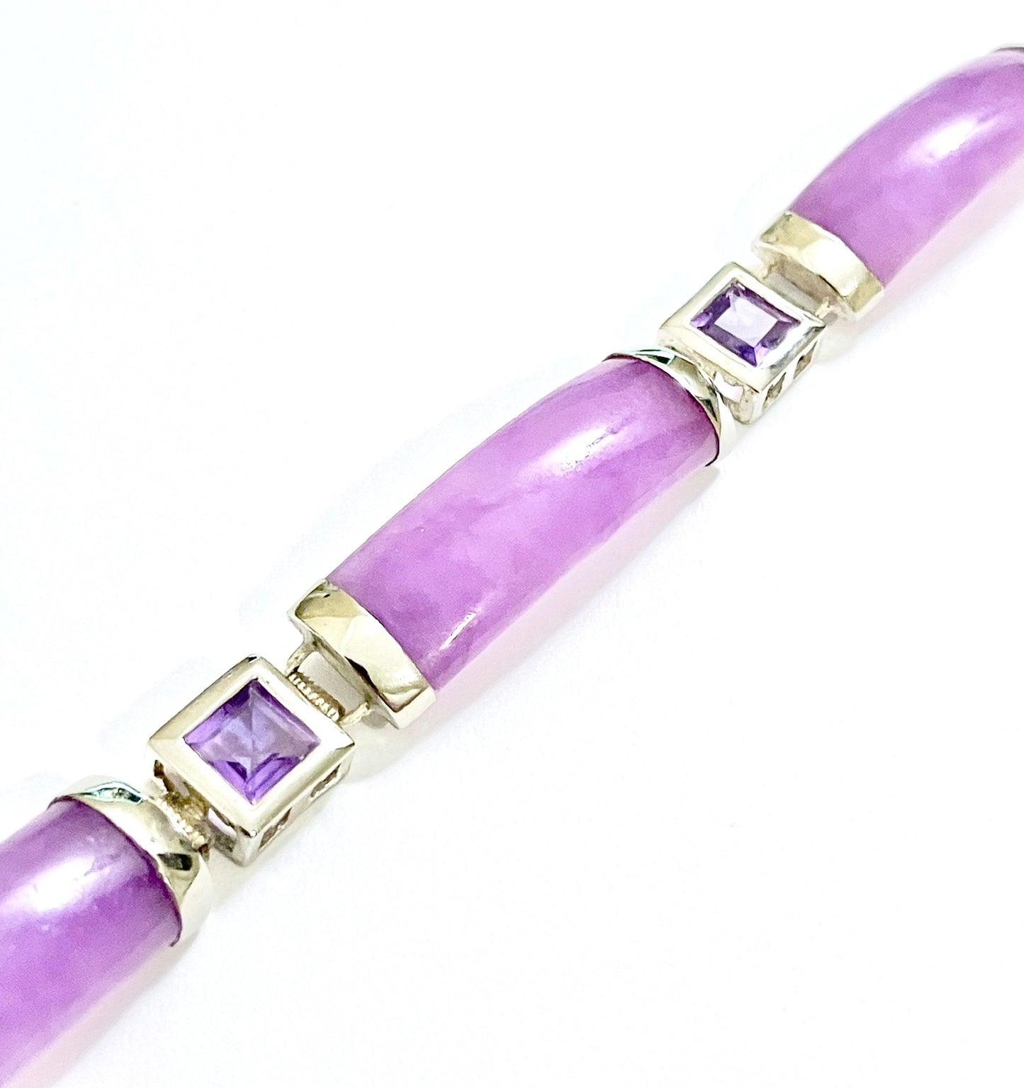 Chinese Lavender Jade Bracelet with Square Step Cut Amethysts