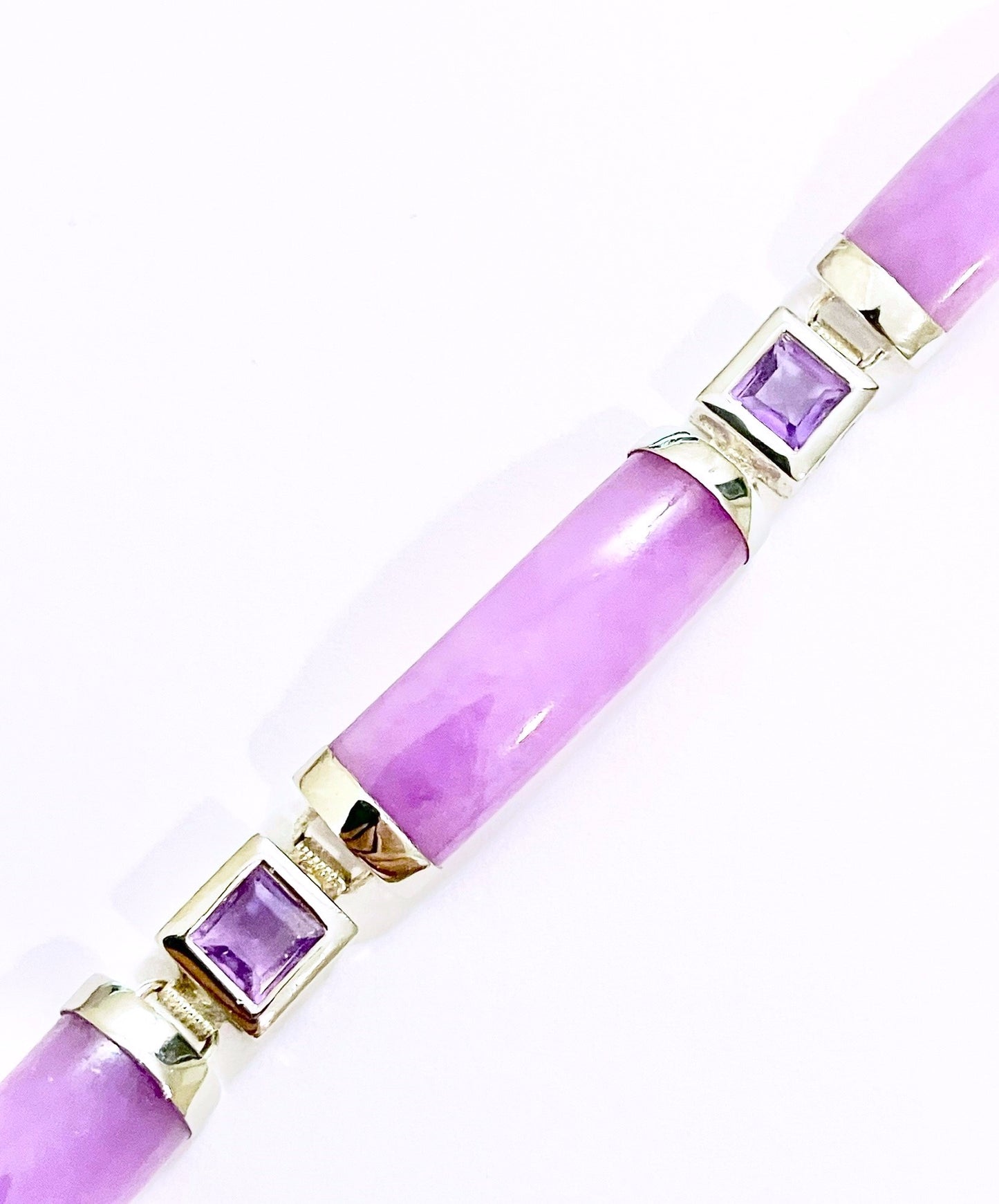 Chinese Lavender Jade Bracelet with Square Step Cut Amethysts