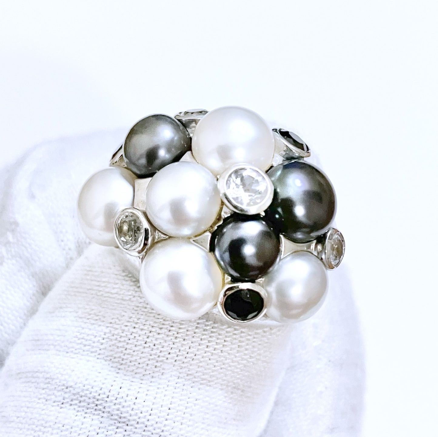 Cluster Tahitian & Silver Pearls with Black & Colorless Bezel Set "Diamonds" Ring