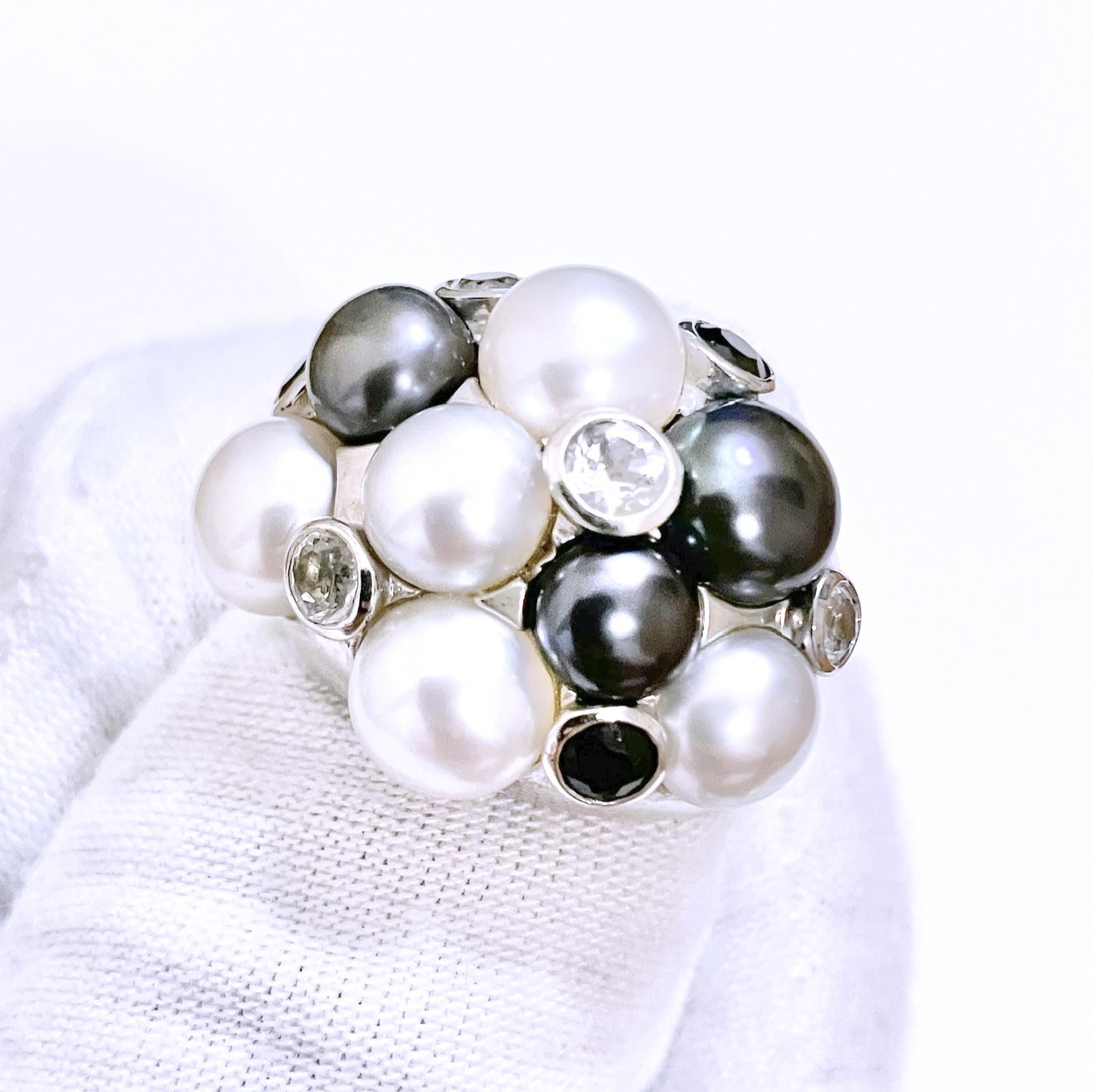 Cluster Tahitian & Silver Pearls with Black & Colorless Bezel Set "Diamonds" Ring