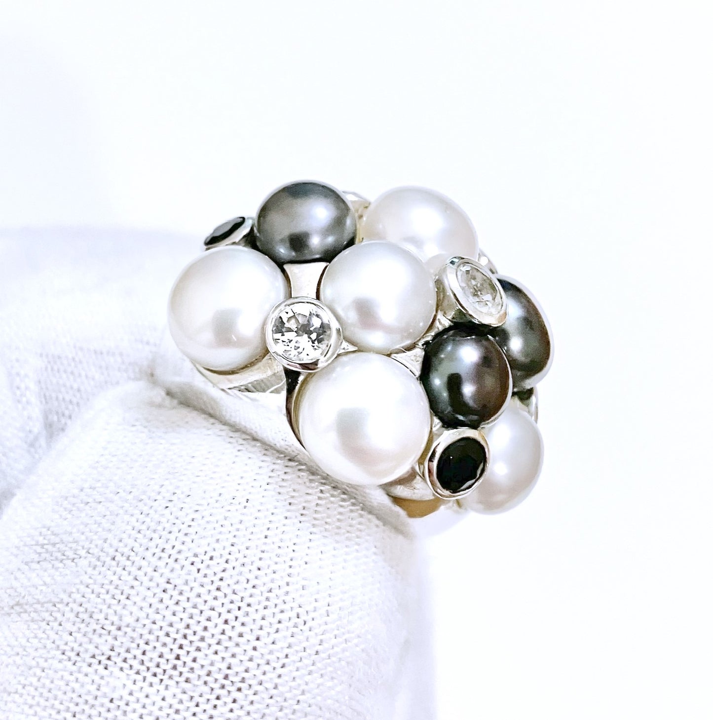 Cluster Tahitian & Silver Pearls with Black & Colorless Bezel Set "Diamonds" Ring