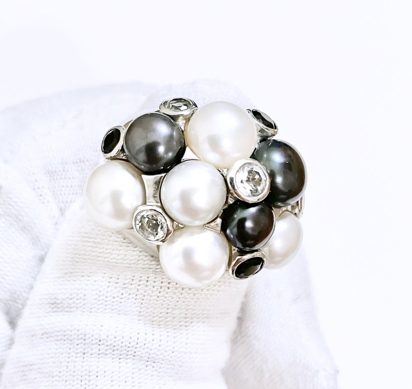 Cluster Tahitian & Silver Pearls with Black & Colorless Bezel Set "Diamonds" Ring