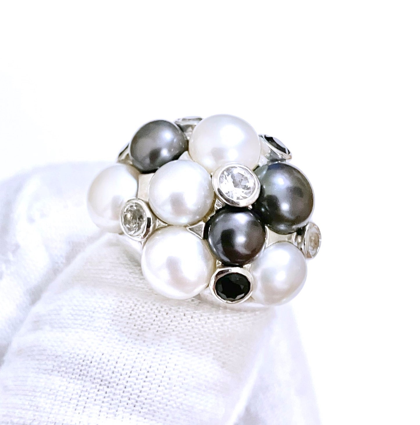 Cluster Tahitian & Silver Pearls with Black & Colorless Bezel Set "Diamonds" Ring