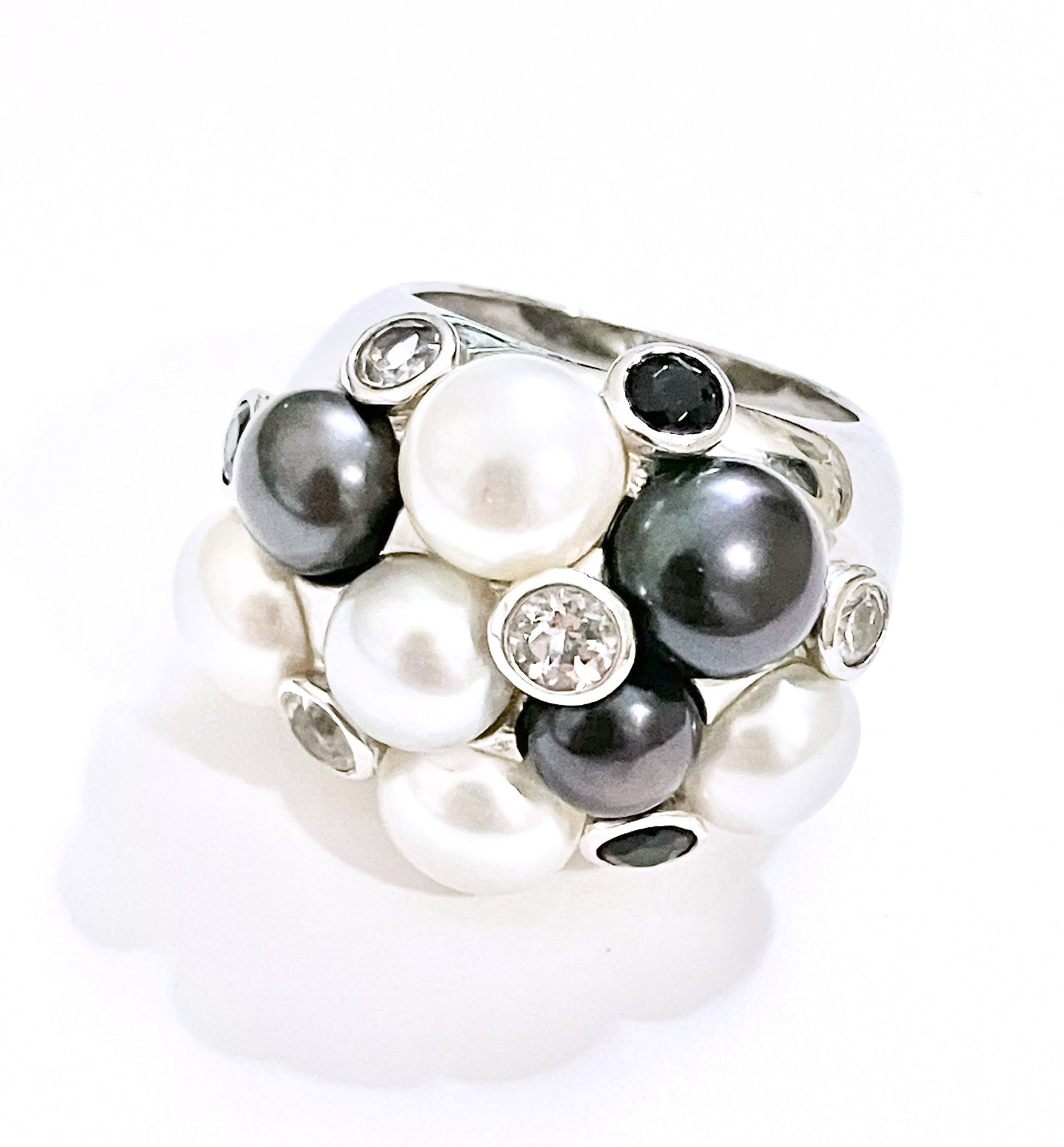 Cluster Tahitian & Silver Pearls with Black & Colorless Bezel Set "Diamonds" Ring