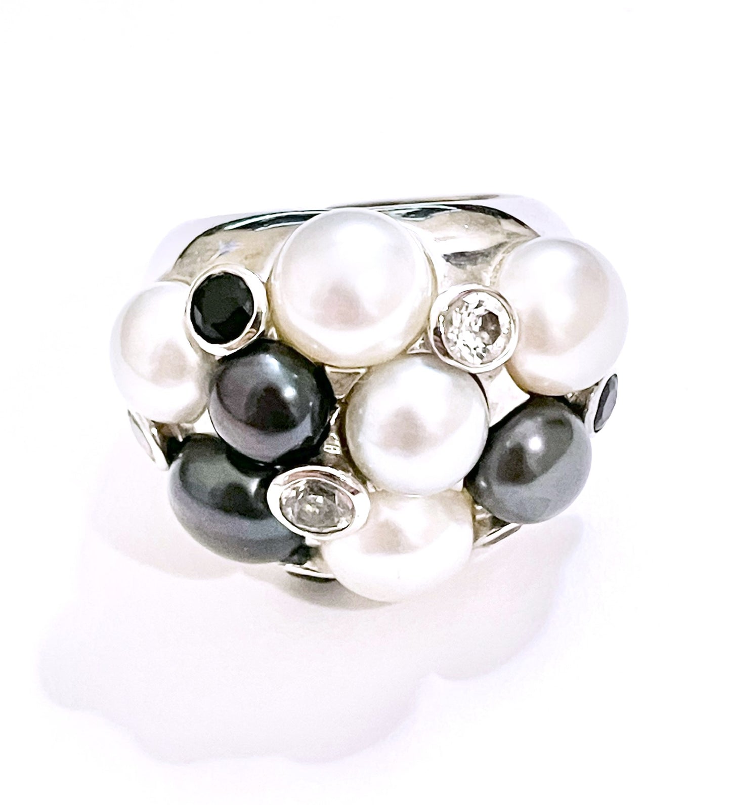 Cluster Tahitian & Silver Pearls with Black & Colorless Bezel Set "Diamonds" Ring