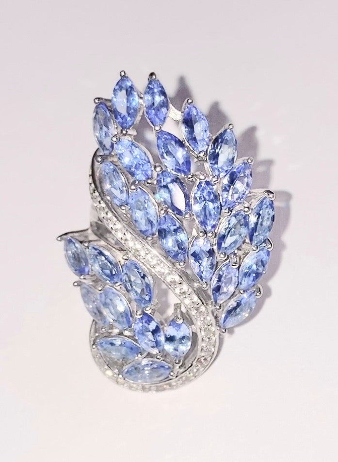 Marquise Cut Tanzanite Peacock Ring with Channel Set Zircon Accents