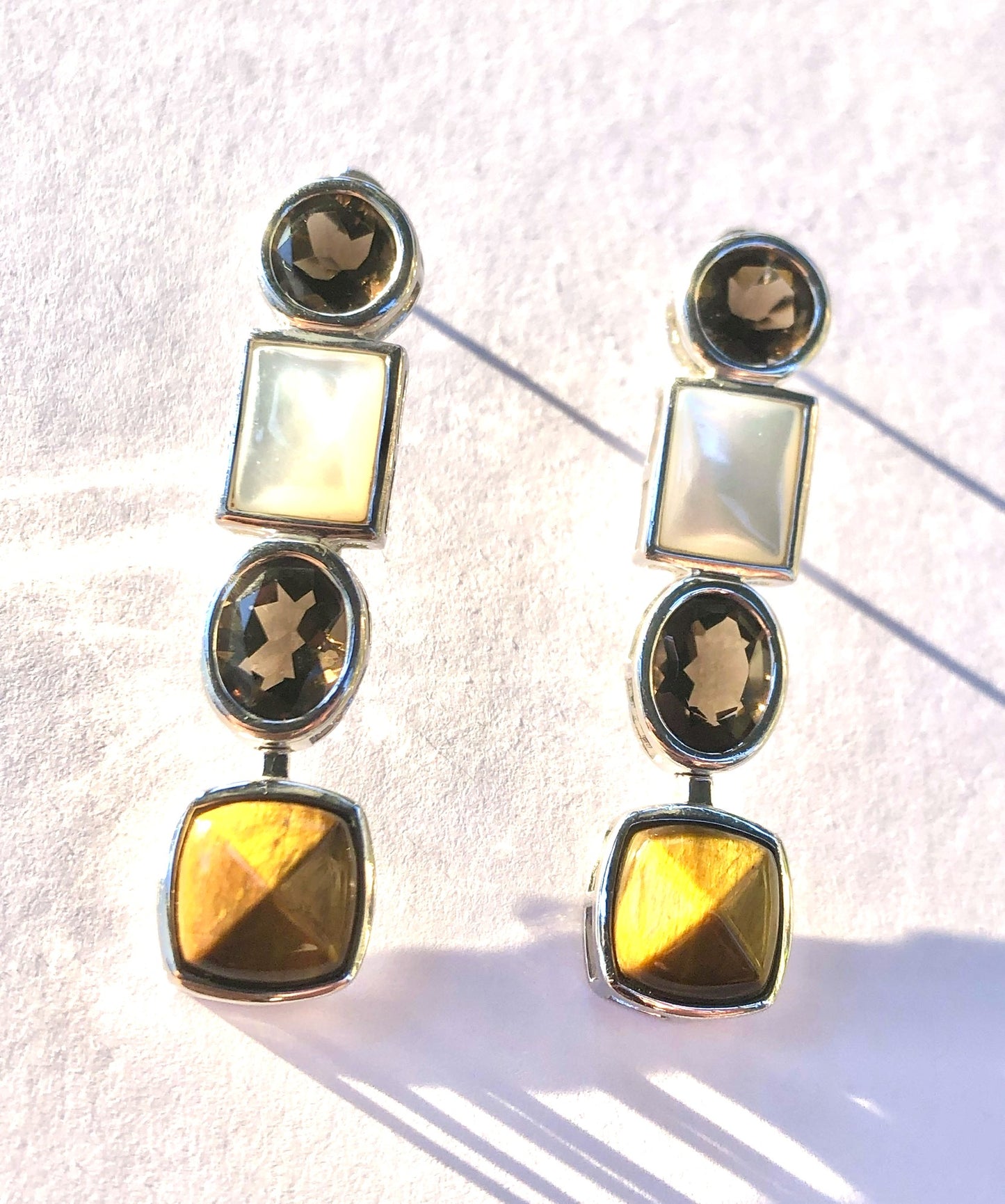 Tiger's Eye, Mother of Pearl, and Smoky Quartz Earrings