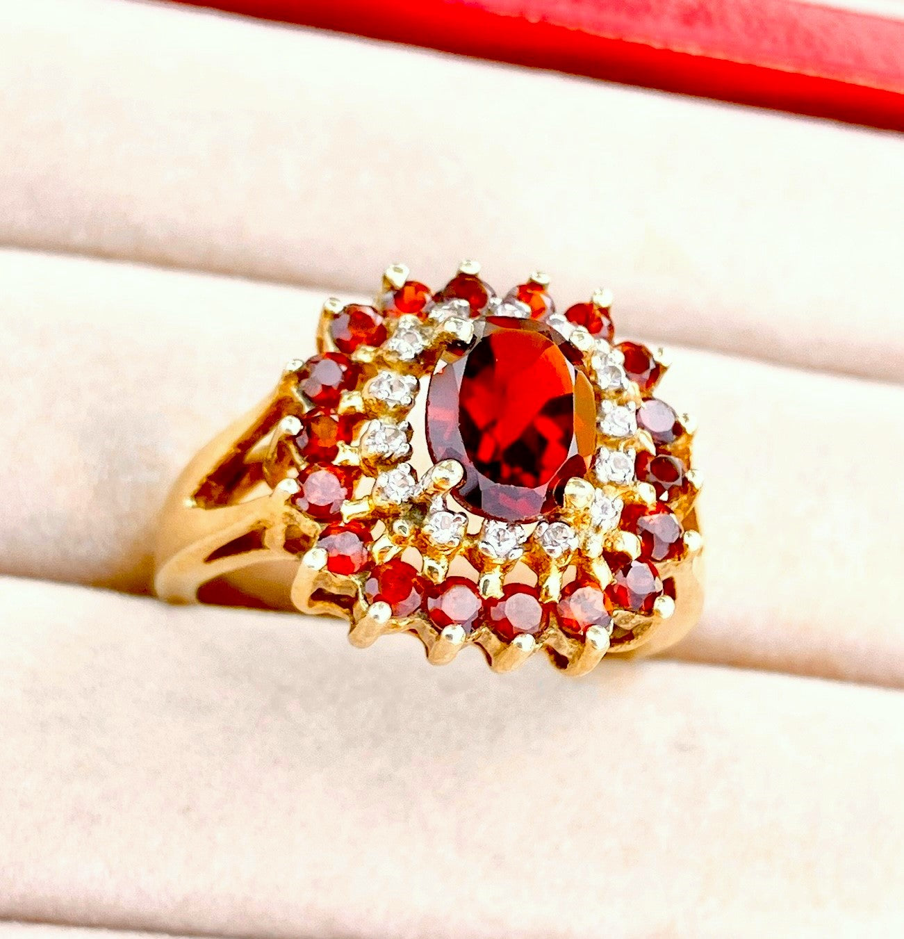 Gold Plated Oval Cut Garnet in "Diamond" and Garnet Halos