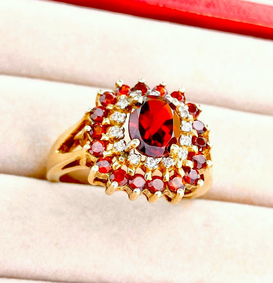 Gold Plated Oval Cut Garnet in "Diamond" and Garnet Halos