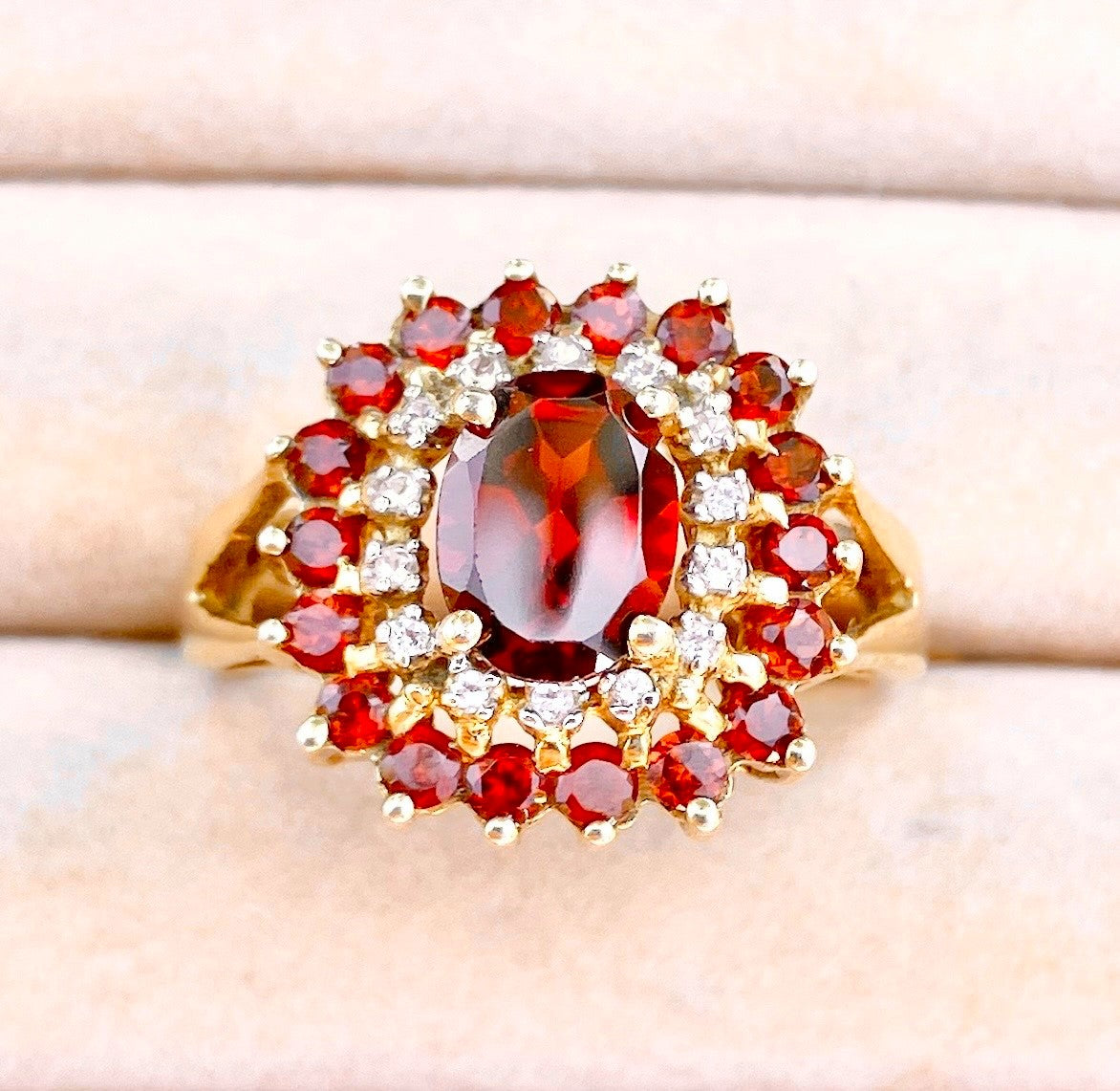 Gold Plated Oval Cut Garnet in "Diamond" and Garnet Halos