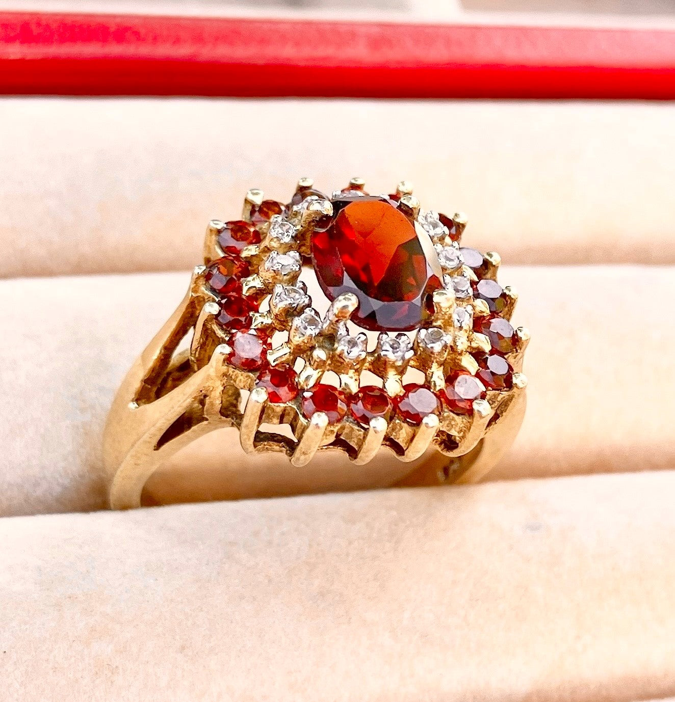 Gold Plated Oval Cut Garnet in "Diamond" and Garnet Halos