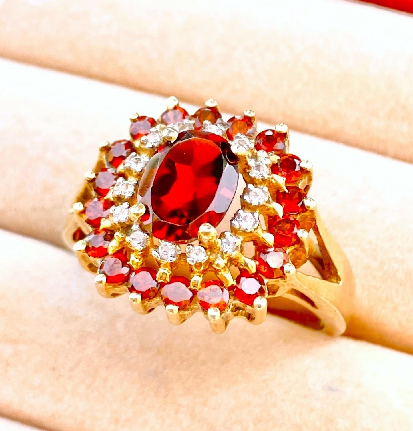 Gold Plated Oval Cut Garnet in "Diamond" and Garnet Halos