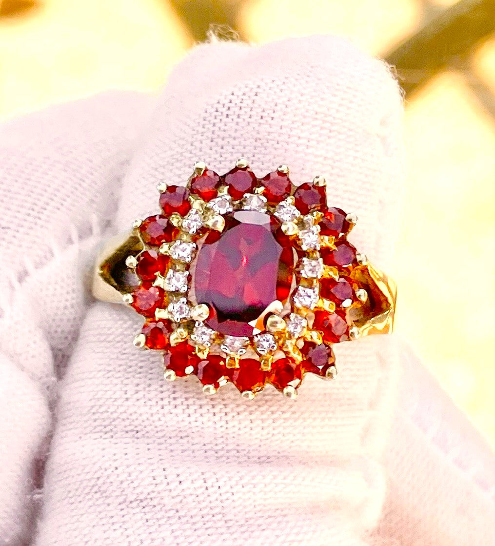Gold Plated Oval Cut Garnet in "Diamond" and Garnet Halos