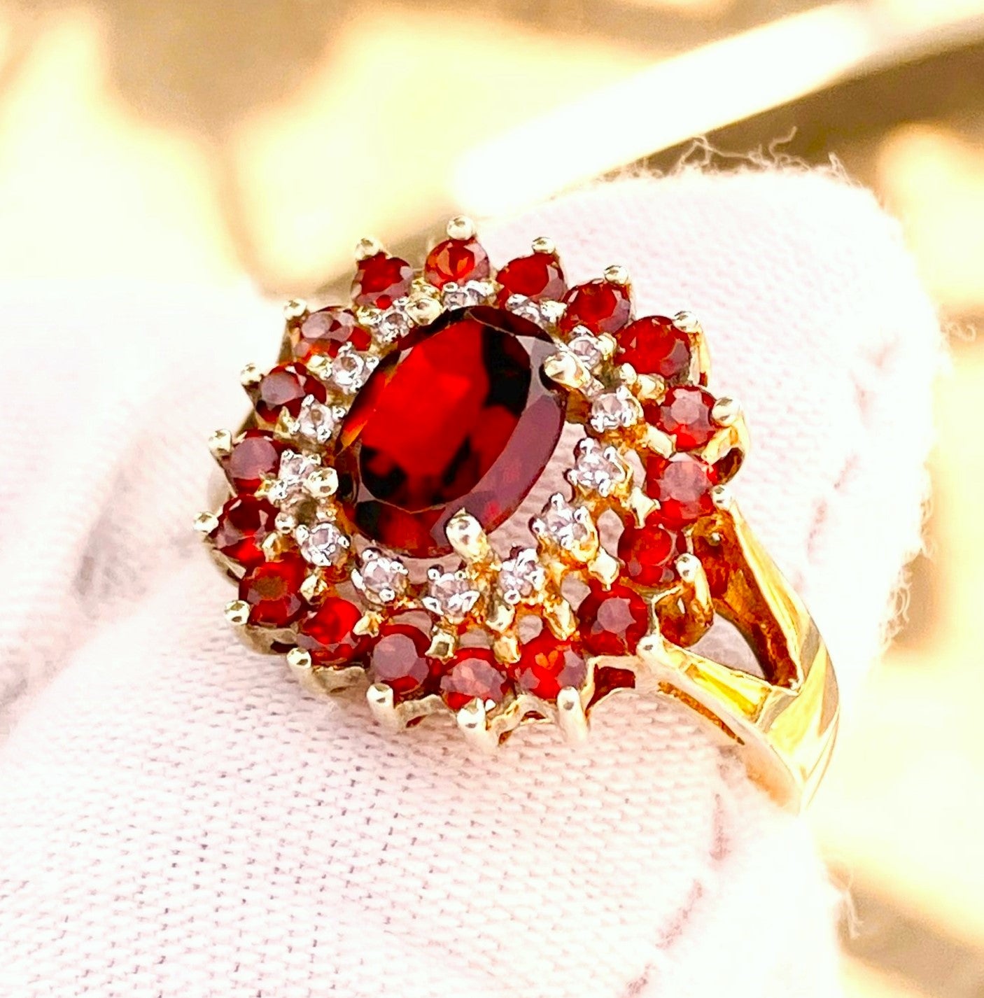 Gold Plated Oval Cut Garnet in "Diamond" and Garnet Halos