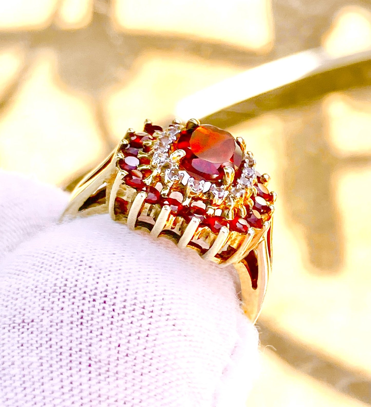 Gold Plated Oval Cut Garnet in "Diamond" and Garnet Halos