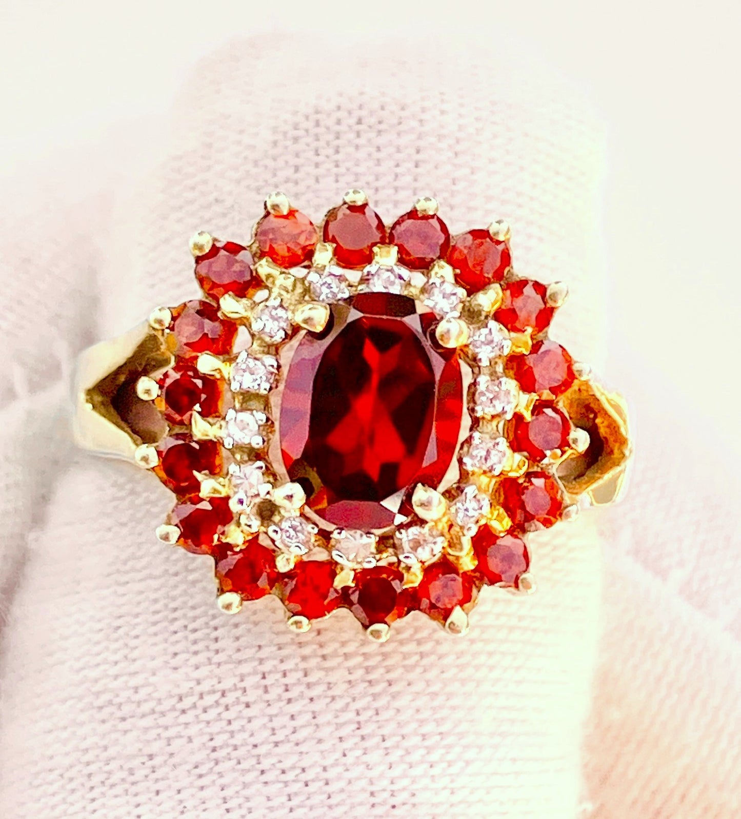 Gold Plated Oval Cut Garnet in "Diamond" and Garnet Halos