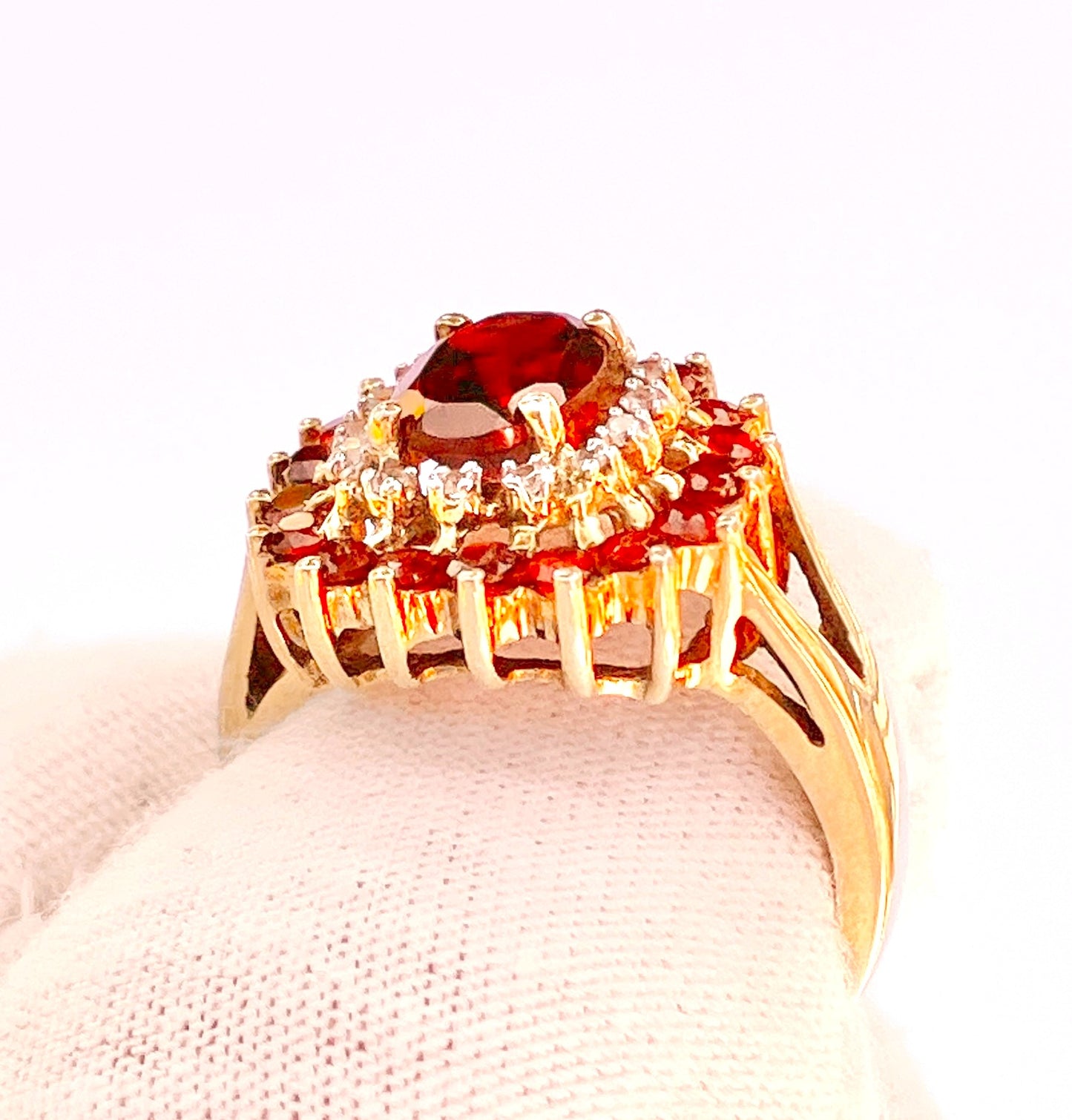 Gold Plated Oval Cut Garnet in "Diamond" and Garnet Halos