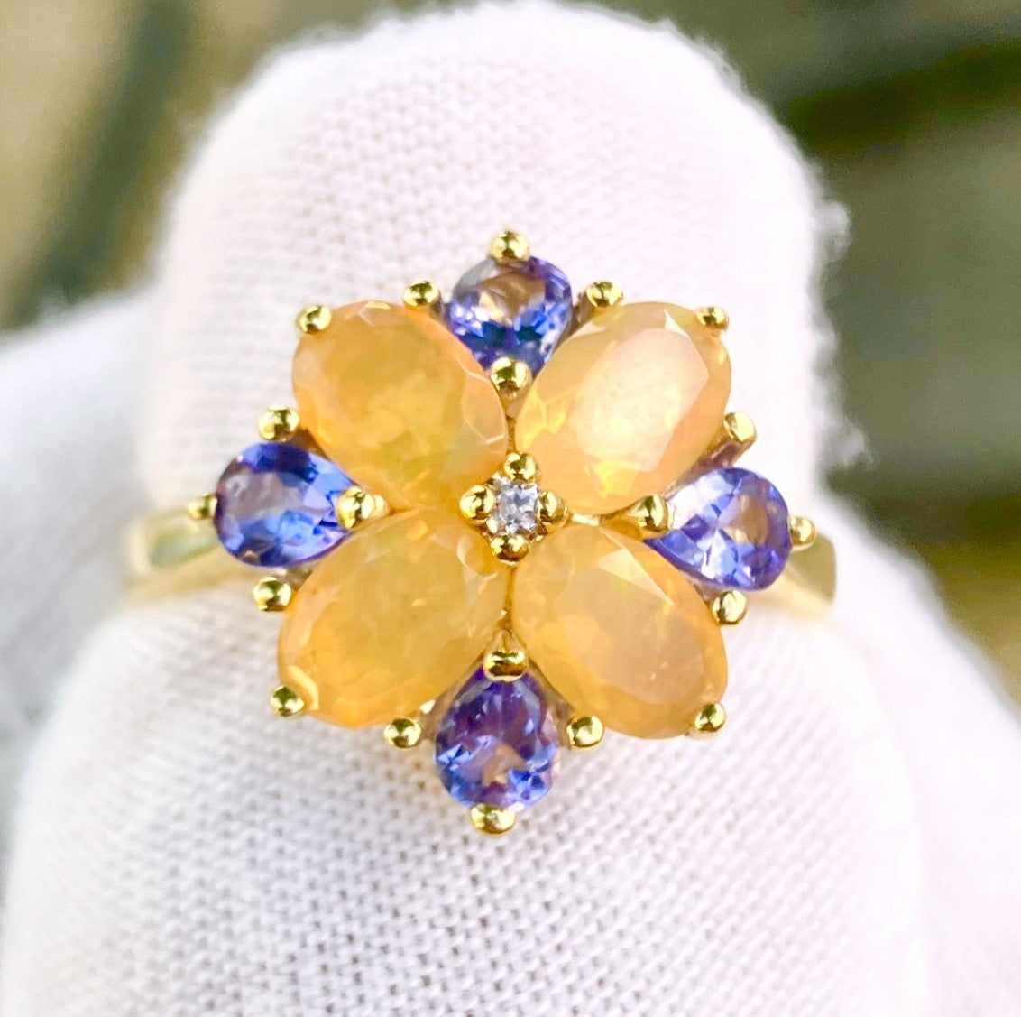 Gold Plated Oval Cut Fire Opal and Pear Cut Tanzanite Flower Ring