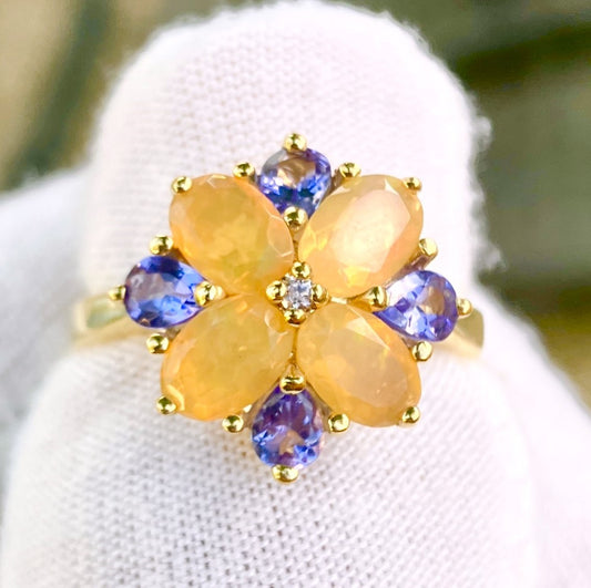 Gold Plated Oval Cut Fire Opal and Pear Cut Tanzanite Flower Ring