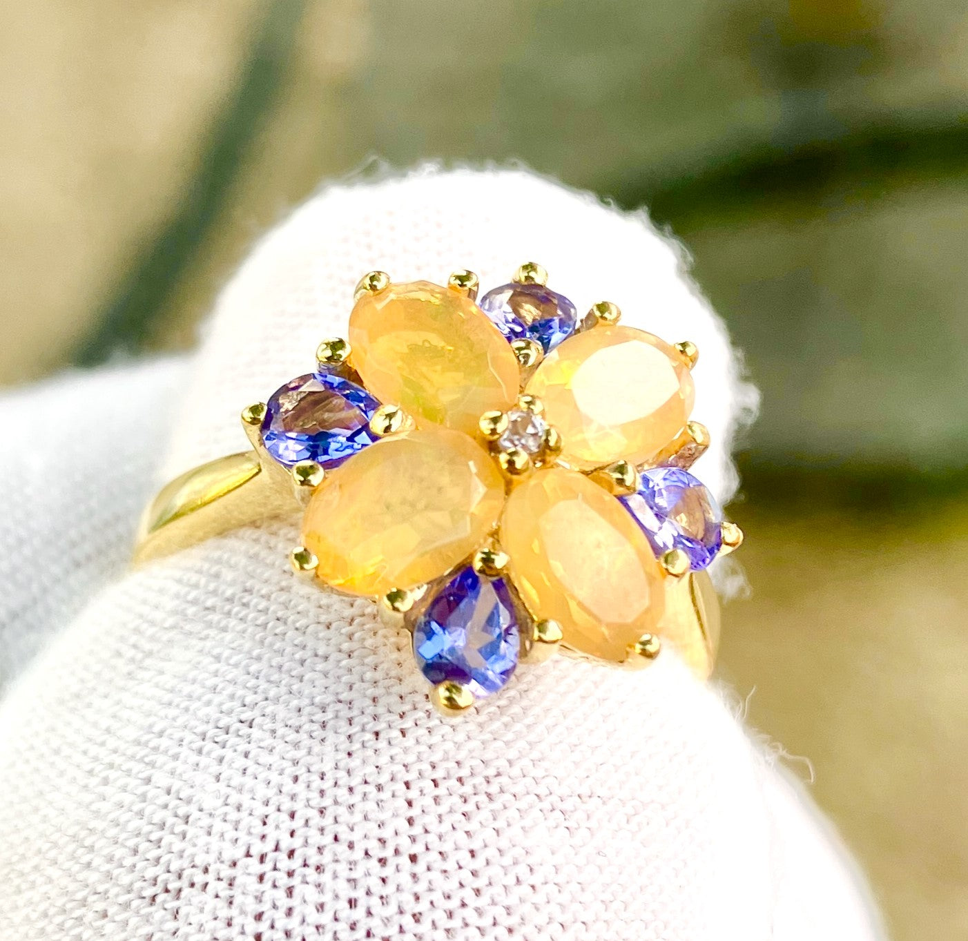 Gold Plated Oval Cut Fire Opal and Pear Cut Tanzanite Flower Ring