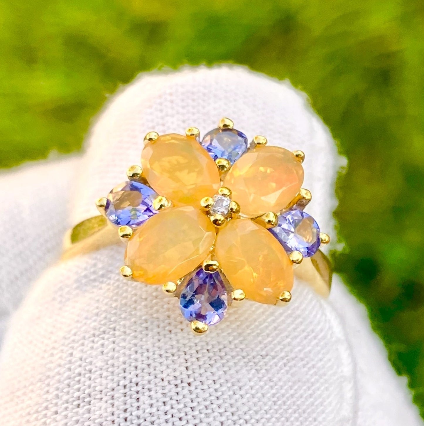 Gold Plated Oval Cut Fire Opal and Pear Cut Tanzanite Flower Ring