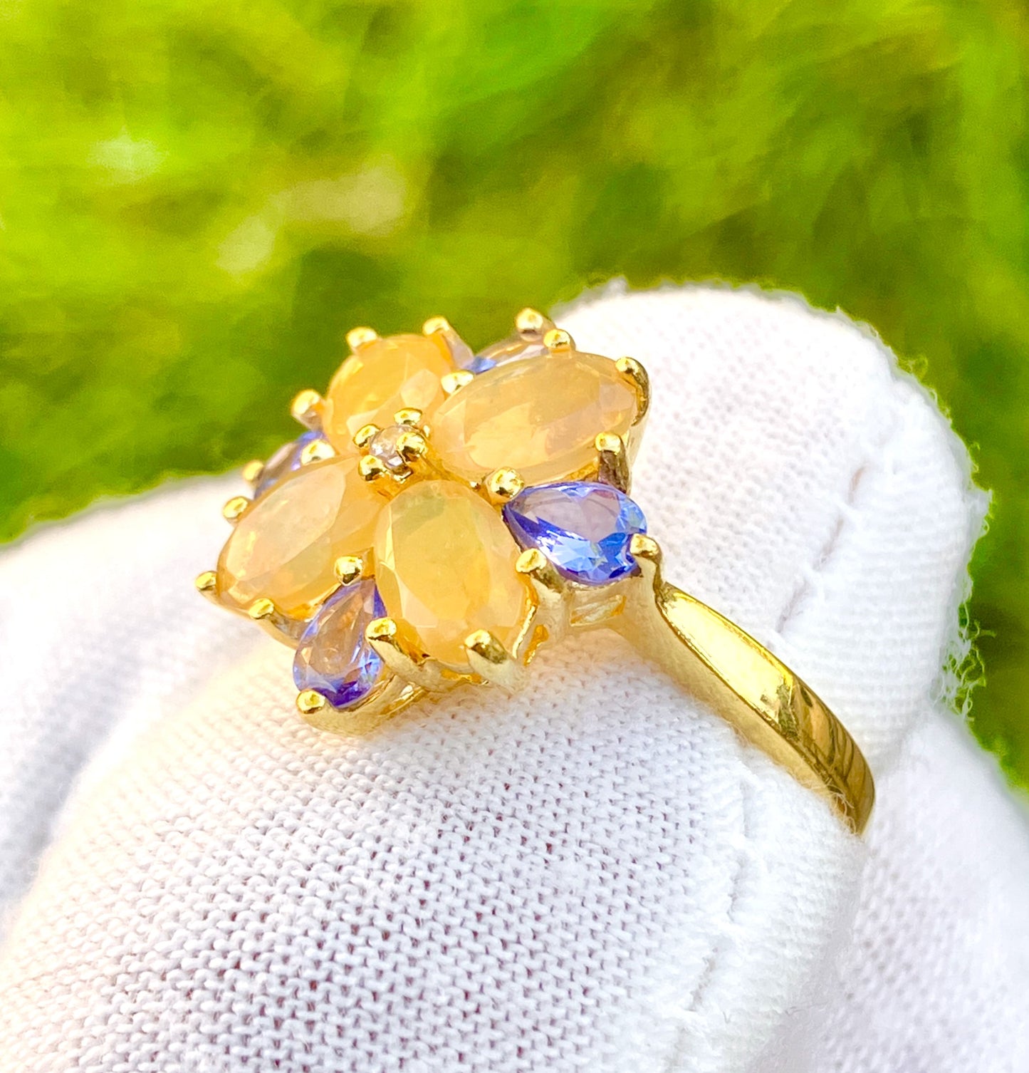 Gold Plated Oval Cut Fire Opal and Pear Cut Tanzanite Flower Ring