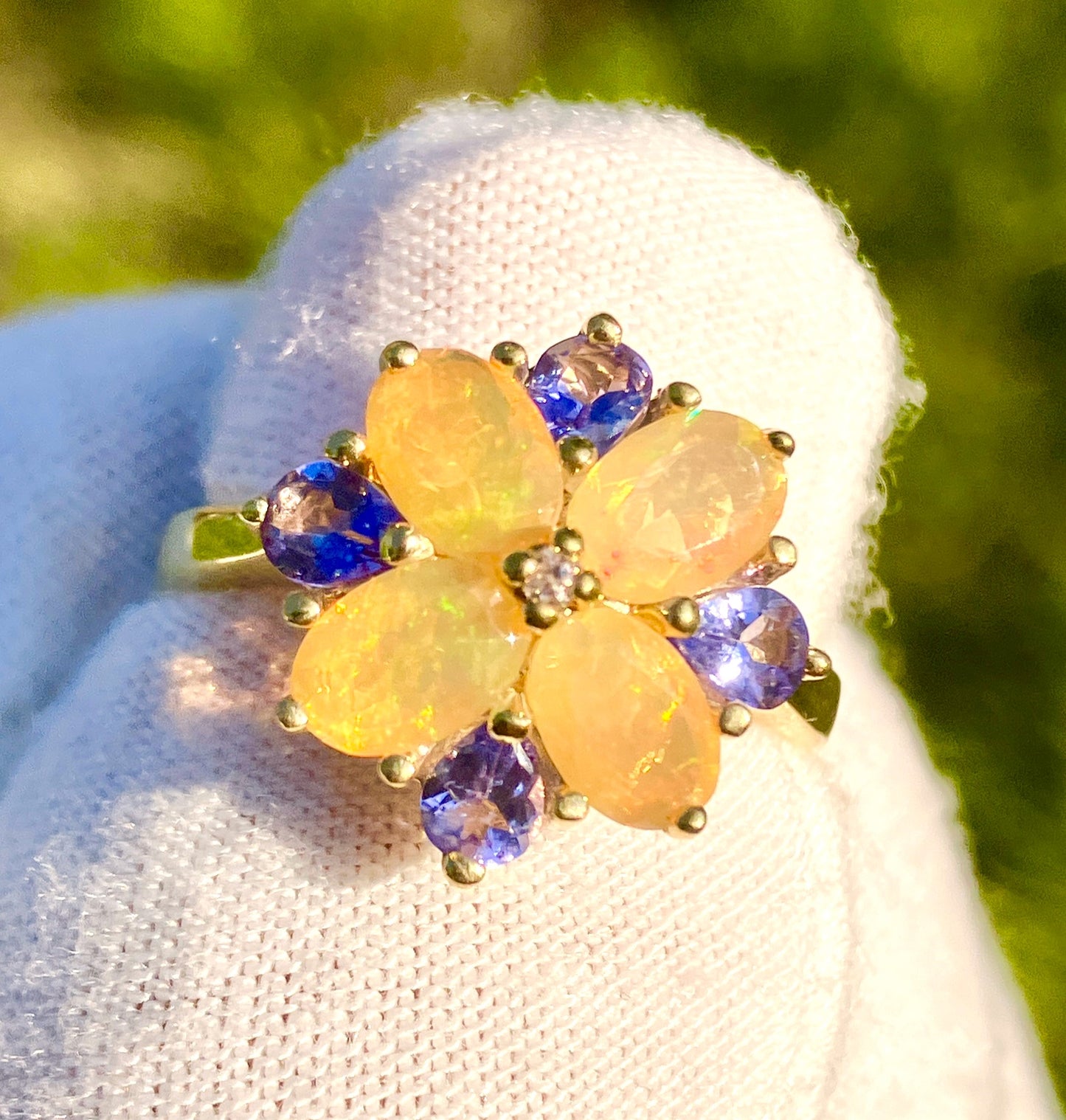 Gold Plated Oval Cut Fire Opal and Pear Cut Tanzanite Flower Ring