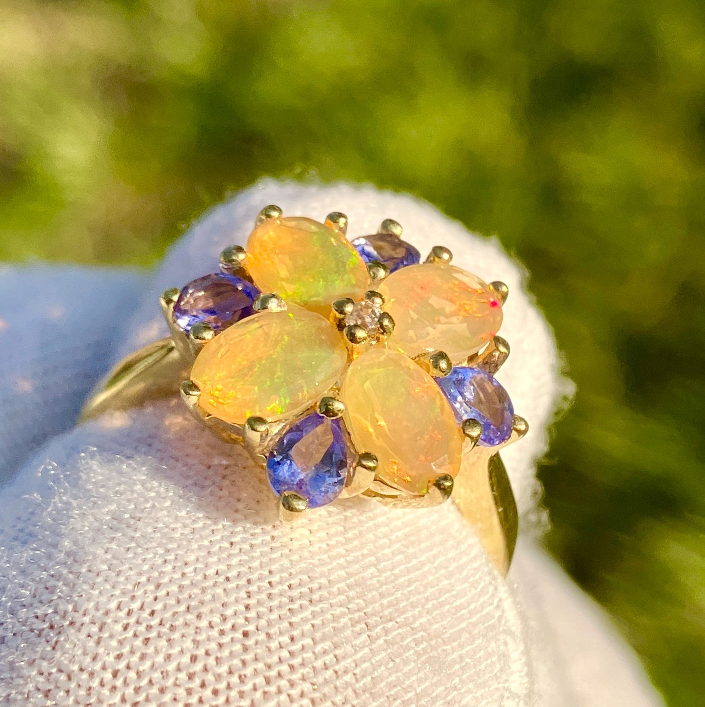 Gold Plated Oval Cut Fire Opal and Pear Cut Tanzanite Flower Ring
