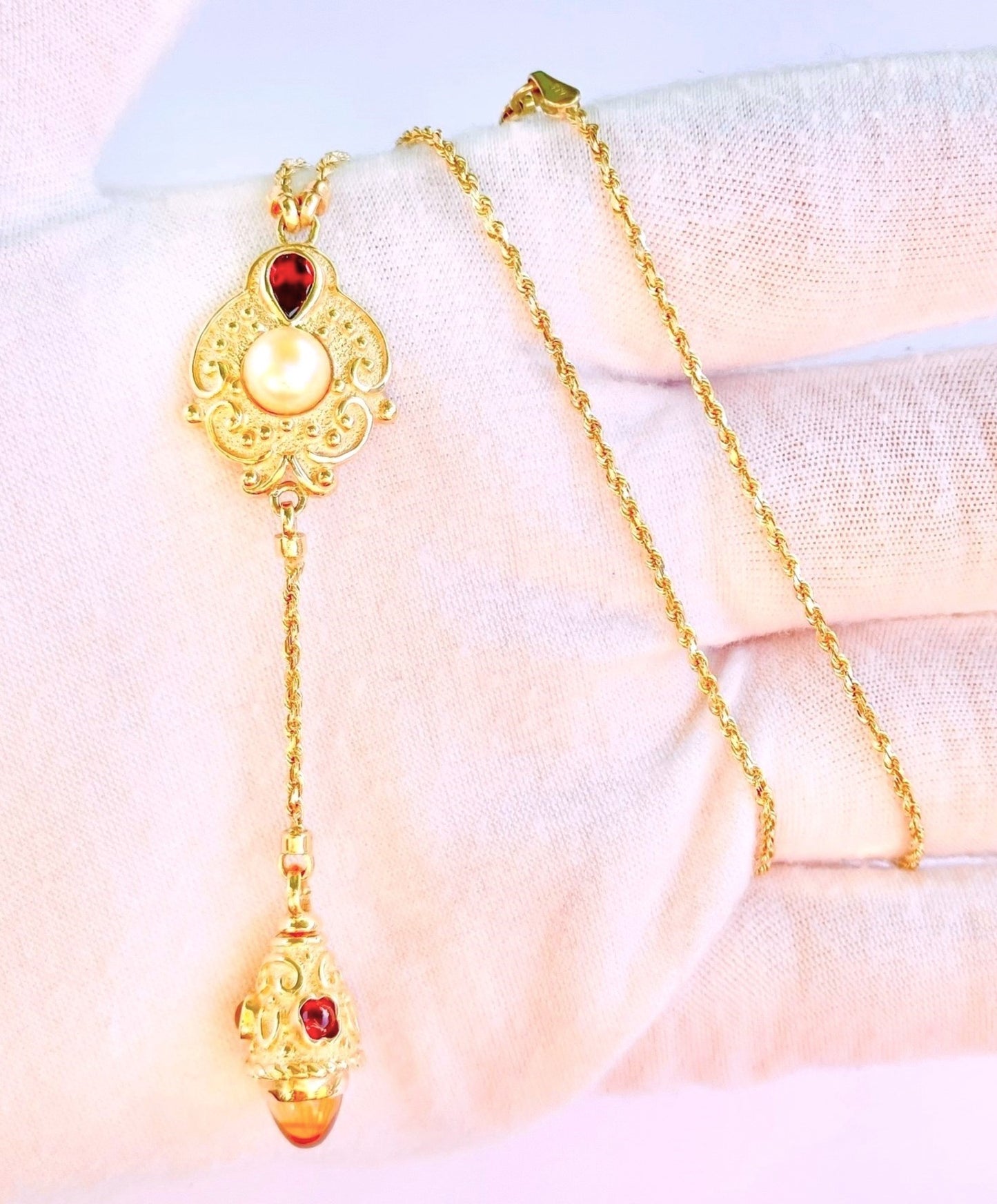 14k Gold Pearl, Garnet, and Citrine Dangle Necklace