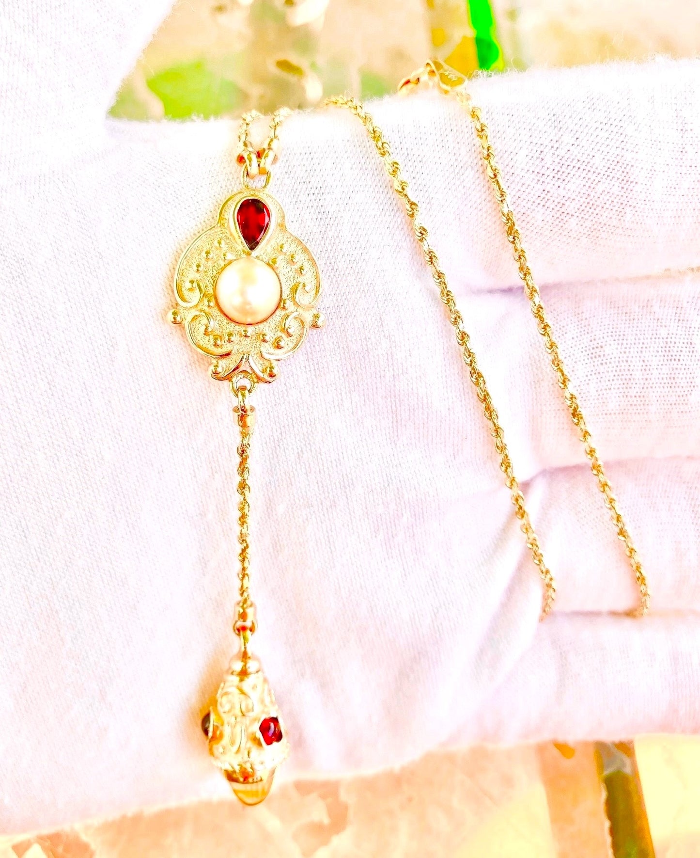14k Gold Pearl, Garnet, and Citrine Dangle Necklace